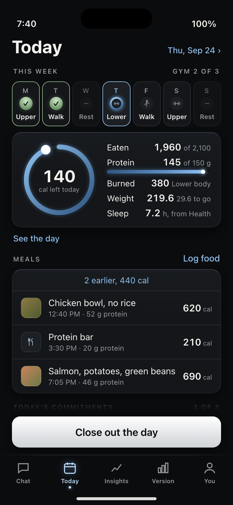 V2 Today screen with calorie estimates, meals and daily commitments